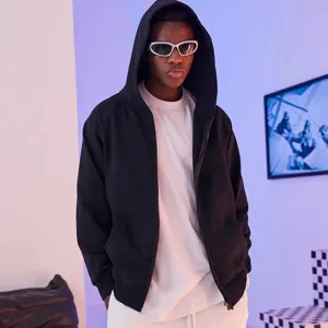 Detailed view of men's heavy zip-up hoodie in solid black, oversized casual style.