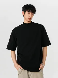 Men's Heavyweight Cotton Oversized T-Shirt Casual Loose Fit Drop Shoulder Mock Neck Short Sleeve Top