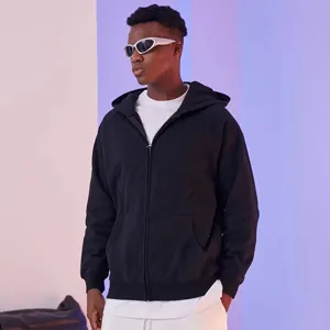 Men's heavy solid color hooded zip-up sweatshirt loose casual oversize cotton outerwear
