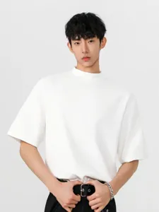 Detail view of the heavy cotton mock neck loose short sleeve t-shirt, casual comfort.