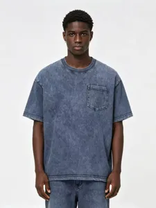Men's stylish acid wash denim short sleeve t-shirt with chest pocket casual streetwear tee.
