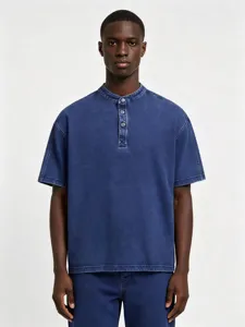 Men's vintage wash denim short sleeve t-shirt casual button up stand collar top summer.