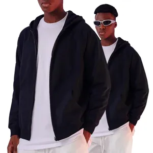 Men's black zip-up hooded sweatshirt, loose casual streetwear, heavy cotton fleece hoodie.