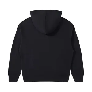 Black solid color hooded sweatshirt back view detail, heavy fleece fabric loose casual style.