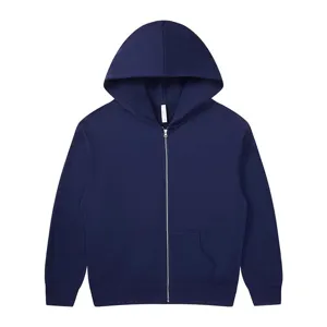 Detail shot of solid navy blue full-zip hooded sweatshirt with front pockets and comfortable fit.