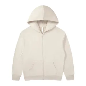 Beige zip-up hoodie for men and women, loose oversize casual long sleeve fleece jacket.