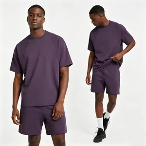 Men's dark purple short sleeve t-shirt and matching shorts set, casual streetwear outfit.