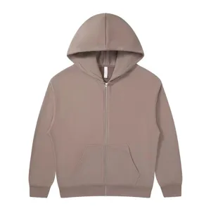 Solid color heavy fleece zip-up hoodie detail view showing zipper and front pocket design