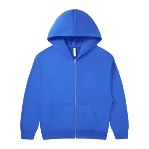 Detailed view of the royal blue zip-up hoodie featuring a front pocket and soft fabric.