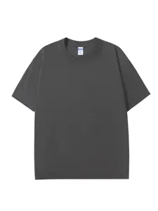 Classic heavy cotton short sleeve t-shirt in dark grey, oversized dropped shoulder style.