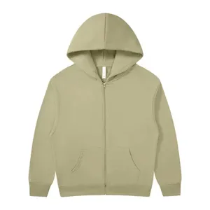 Solid color zip-up hooded sweatshirt, loose oversized fit casual outerwear for men and women.