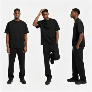 Men casual black short sleeve t-shirt and pants set, detailed view showing relaxed fit and fabric.