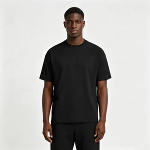 Classic black short-sleeve t-shirt detail view, featuring a clean crew neck and relaxed fit.
