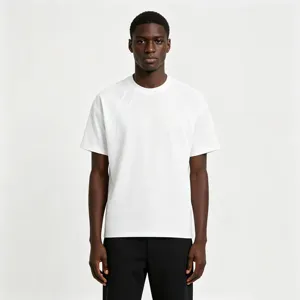 Men's white short sleeve t-shirt detail showing cooling fabric and ribbed panel design.