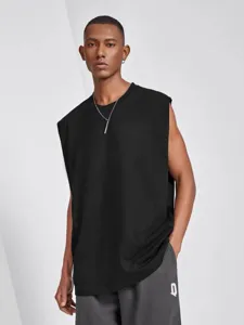 Men black sleeveless tank top detail view loose hip hop casual streetwear summer vest