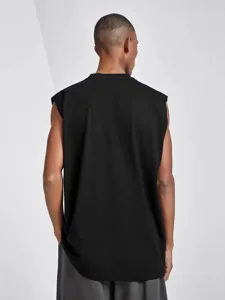 Back detail view of a solid black sleeveless tank top, loose fit casual hip-hop style.