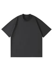 Heavyweight 280g drop shoulder mock neck short sleeve t-shirt in dark grey, casual style.