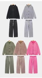 Heavyweight washed distressed zip hoodie and sweatpants set, casual couple loose wear.