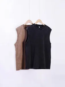 Men's Casual Heavyweight Cotton Tank Top Vintage Washed Distressed Summer Workout Sleeveless Crew Neck Basic Vest