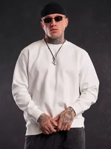Men's plain white crewneck sweatshirt, comfortable casual long sleeve pullover top for autumn winter.