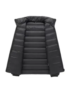 Detailed view of the warm black winter puffer vest, featuring quilted padding and zipper.