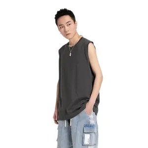 Canotta senza maniche in cotone grigio tinta unita da uomo stile streetwear sportivo casual top