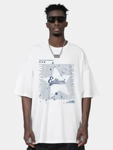 Men's loose drop-shoulder streetwear t-shirt featuring artistic chest text print for summer hip-hop style.