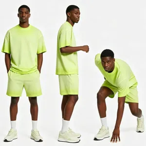 Men neon green acid wash short sleeve t-shirt shorts set trendy cotton streetwear outfit.