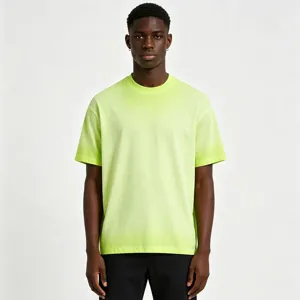 Men's neon green acid wash drop shoulder short sleeve t-shirt, casual streetwear top.