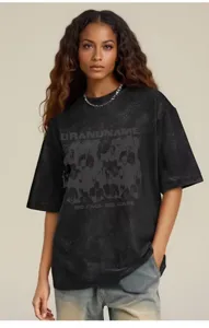 Vintage washed distressed graphic short-sleeve T-shirt with hip-hop street style design.