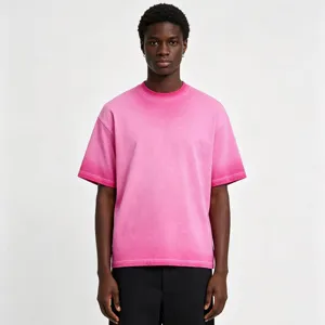 Detailed view of men's pink acid wash cotton short sleeve t-shirt with dropped shoulder style.