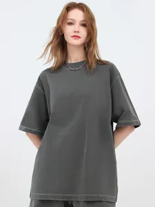Detail view of American heavy washed vintage short-sleeve T-shirt, drop-shoulder cotton top.