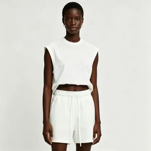 Detailed view of the men's summer solid white sleeveless tank top and matching shorts.