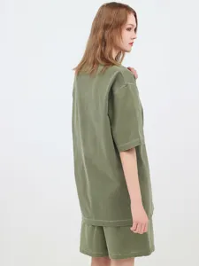 Vintage washed short sleeve t-shirt and shorts set, casual drop shoulder design in olive green.