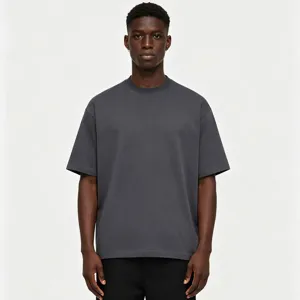 Detail view of mens dark gray cotton dropped shoulder short sleeve t-shirt casual wear