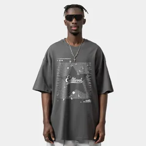 Men's streetwear oversized graphic t-shirt, casual round neck loose fit top, cool dark gray.