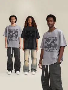 Vintage washed graphic t-shirt for men and women, hip hop streetwear with drop shoulder.