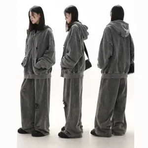 Casual grey distressed washed hoodie and wide leg sweatpants streetwear set for men and women.