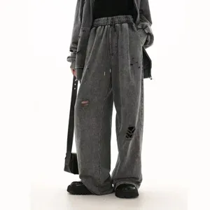 Men's distressed grey loose casual sweatpants wide-leg streetwear cotton joggers pants