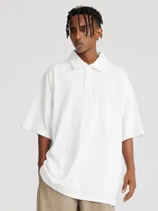 Men's casual solid color cotton short sleeve polo shirt with lapel collar detail view.