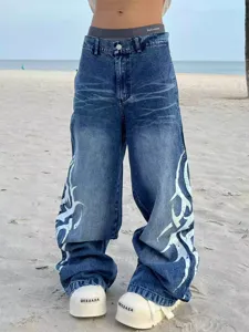 Y2K American hip-hop style wide leg straight denim jeans with cool side tribal print.