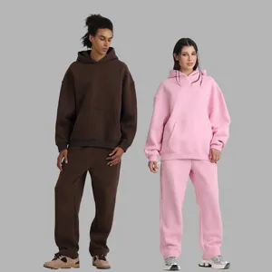 Detailed view of the comfortable fleece hooded sweatshirt and matching sweatpants set.