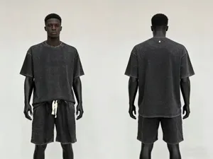 Detailed view of the vintage washed short sleeve t-shirt and matching shorts set.