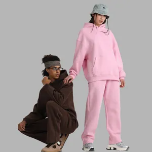 Unisex fleece hoodie and sweatpants set casual solid color streetwear autumn winter outfit