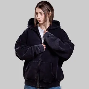 Oversize washed black zip-up hoodie for men and women, thick fleece-lined autumn winter streetwear top.