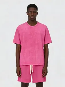 Men's acid wash cotton short sleeve t-shirt and shorts streetwear set detail view.