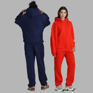 Casual solid color fleece hoodie and sweatpants tracksuit set for autumn and winter daily wear.