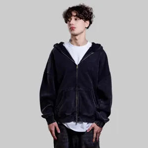 Detailed close-up view of the heavy washed black full-zip hooded sweatshirt with relaxed fit.