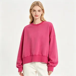 Sweat-shirt rose pour femme à col rond, pull manches longues décontracté pour automne.