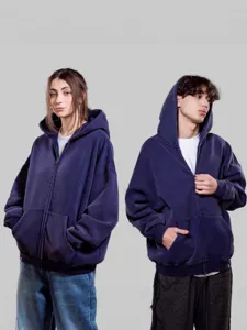 Oversized washed full zip hoodie for men and women, heavy fleece lined casual jacket.